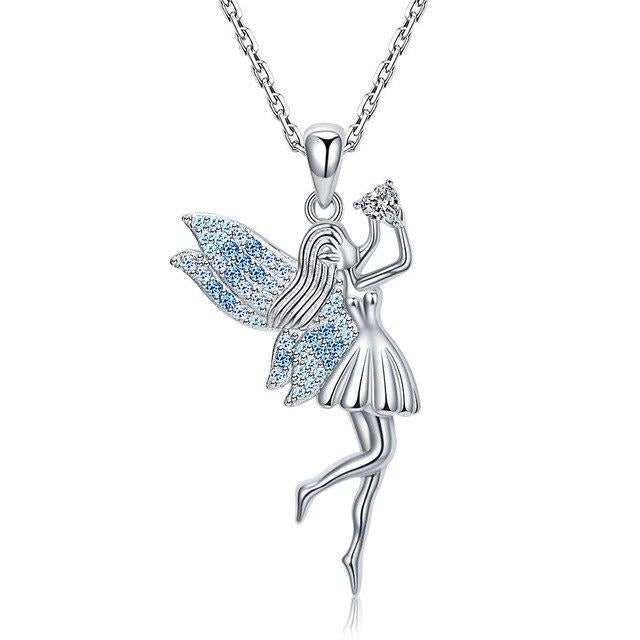 Swan Princess Ballerina Cubic Zirconia 925 Sterling Silver Fashion Pendant Necklace-Necklaces-Innovato Design-Blue Fairy-19.69in-Innovato Design