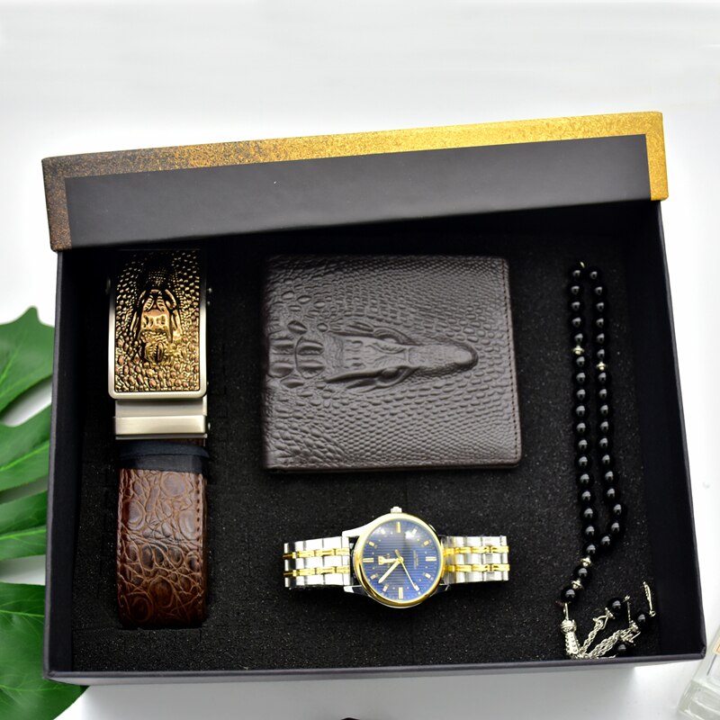 Men Stainless Steel Quartz Watch, Belt, Folding Wallet, and Rosary or Pen Gift Set-Jewelry Sets-Innovato Design-Gold Blue-Innovato Design