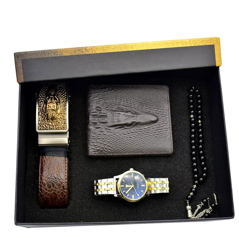 Men Stainless Steel Quartz Watch, Belt, Folding Wallet, and Rosary or Pen Gift Set-Jewelry Sets-Innovato Design-Gold Blue-Innovato Design