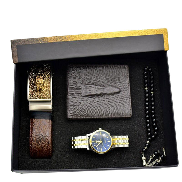 Men Stainless Steel Quartz Watch, Belt, Folding Wallet, and Rosary or Pen Gift Set