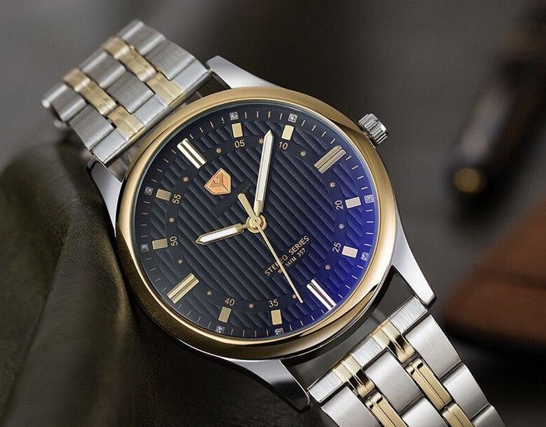 Men Stainless Steel Quartz Watch, Belt, Folding Wallet, and Rosary or Pen Gift Set-Jewelry Sets-Innovato Design-Gold Blue-Innovato Design