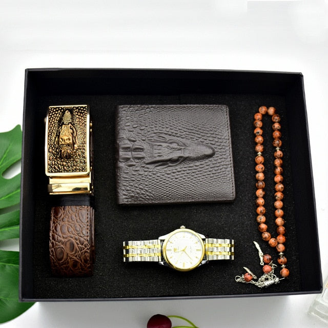 Men Stainless Steel Quartz Watch, Belt, Folding Wallet, and Rosary or Pen Gift Set-Jewelry Sets-Innovato Design-Gold Blue-Innovato Design