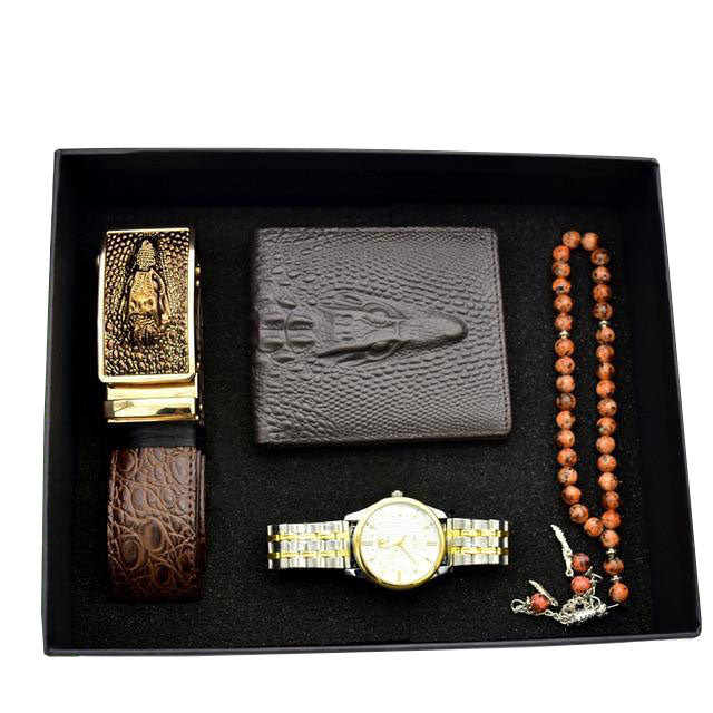 Men Stainless Steel Quartz Watch, Belt, Folding Wallet, and Rosary or Pen Gift Set-Jewelry Sets-Innovato Design-Gold Brown-Innovato Design