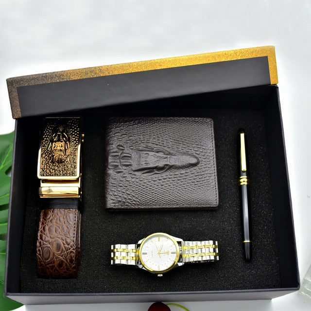 Men Stainless Steel Quartz Watch, Belt, Folding Wallet, and Rosary or Pen Gift Set-Jewelry Sets-Innovato Design-Gold Blue-Innovato Design