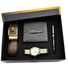 Men Stainless Steel Quartz Watch, Belt, Folding Wallet, and Rosary or Pen Gift Set