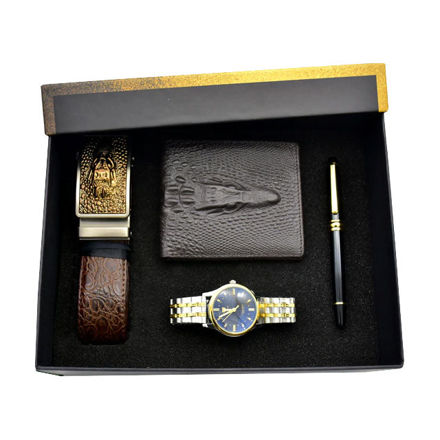 Men Stainless Steel Quartz Watch, Belt, Folding Wallet, and Rosary or Pen Gift Set-Jewelry Sets-Innovato Design-Blue-Innovato Design