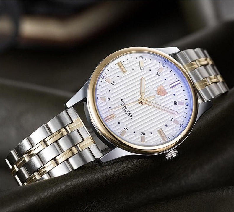 Men Stainless Steel Quartz Watch, Belt, Folding Wallet, and Rosary or Pen Gift Set-Jewelry Sets-Innovato Design-Gold Blue-Innovato Design