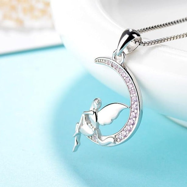 Angel with Back Against the Pink Cubic Zirconia Crescent Moon 925 Sterling Silver Pendant Necklace-Necklaces-Innovato Design-Innovato Design