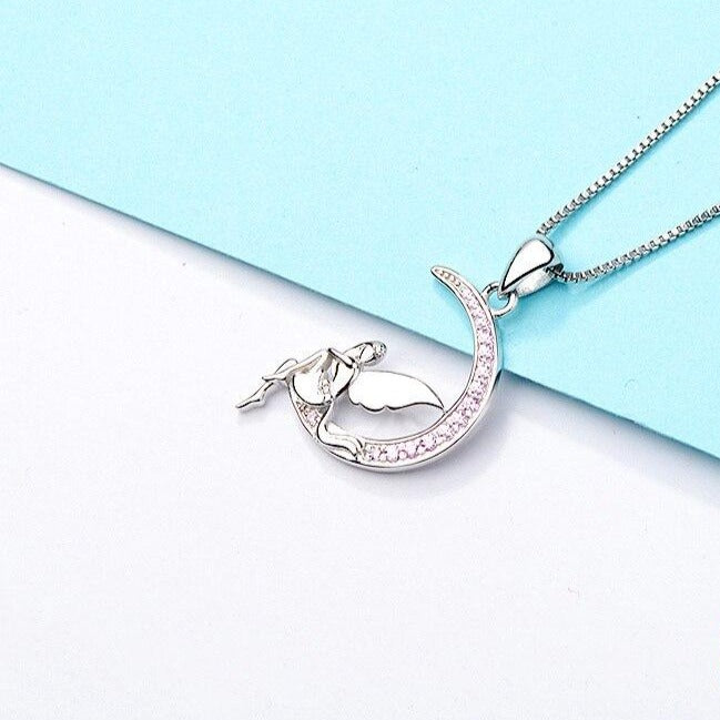 Angel with Back Against the Pink Cubic Zirconia Crescent Moon 925 Sterling Silver Pendant Necklace-Necklaces-Innovato Design-Innovato Design