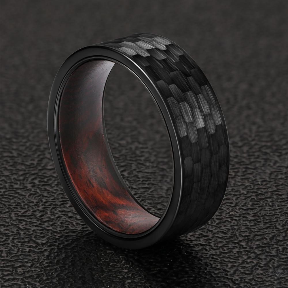 8mm Men Hammered Tungsten with Snake Wood Interior Comfort Fit Wedding Band-Rings-Innovato Design-Black-6-Innovato Design