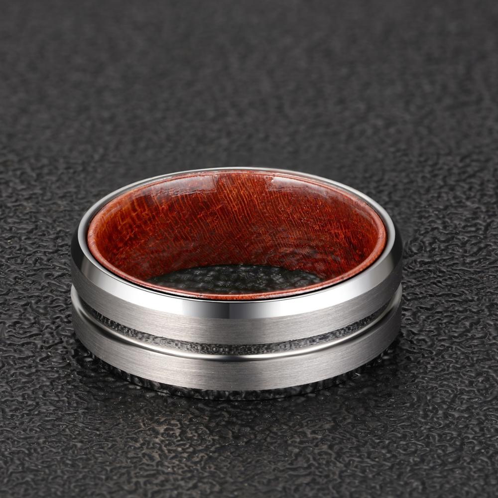 8mm Men Beveled Edges Tungsten with Rosewood Interior Comfort Fit Wedding Band-Rings-Innovato Design-6-Innovato Design