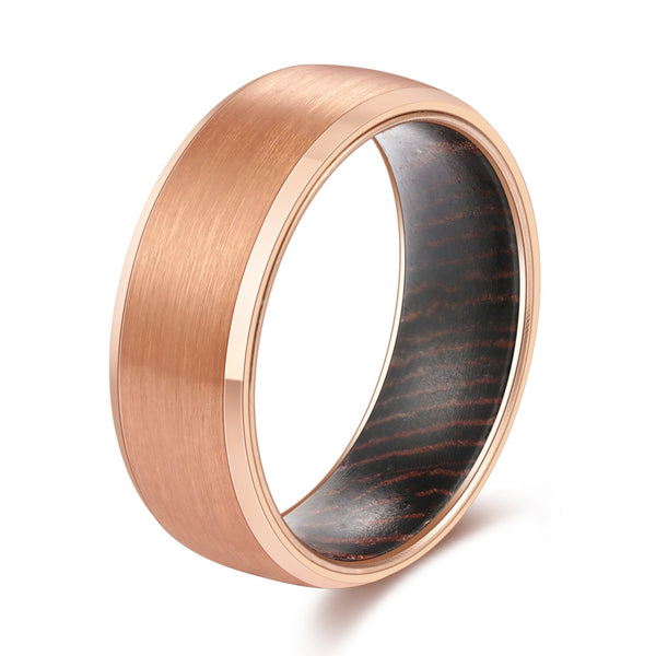 8mm Men Beveled Edges Tungsten Carbide with Wood Interior Comfort Fit Wedding Ring