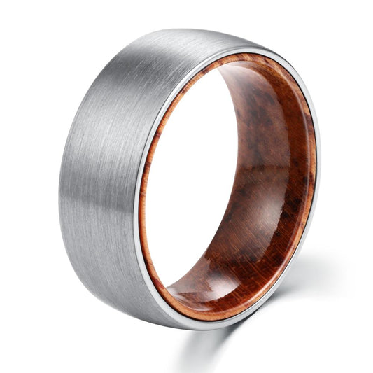 8mm Men Brushed Dome Tungsten Carbide with Rosewood Interior Comfort Fit Wedding Band-Rings-Innovato Design-Silver-6-Innovato Design