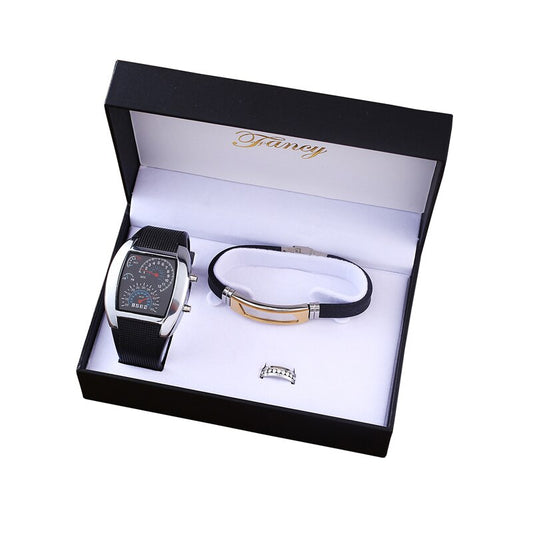 Men Large Dial Electronic Watch, Bracelet, and Ring Gift Box Set-Jewelry Sets-Innovato Design-Innovato Design