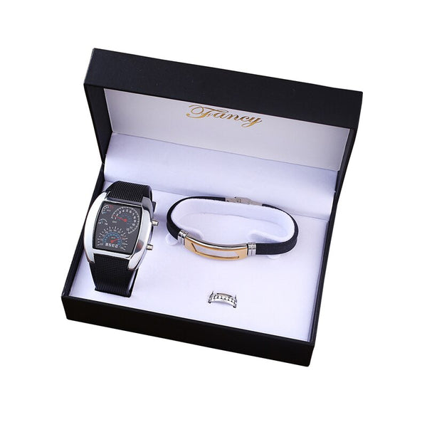 Men Large Dial Electronic Watch, Bracelet, and Ring Gift Box Set