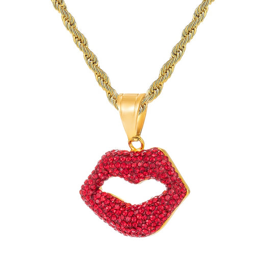 Sexy Red Lips Bling Rhinestone-Studded Stainless Steel Fashion Hip-hop Pendant Necklace-Necklaces-Innovato Design-Innovato Design