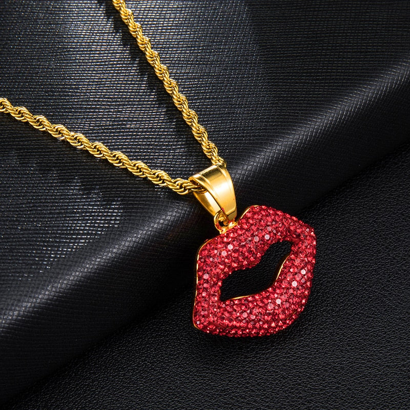 Sexy Red Lips Bling Rhinestone-Studded Stainless Steel Fashion Hip-hop Pendant Necklace-Necklaces-Innovato Design-Innovato Design
