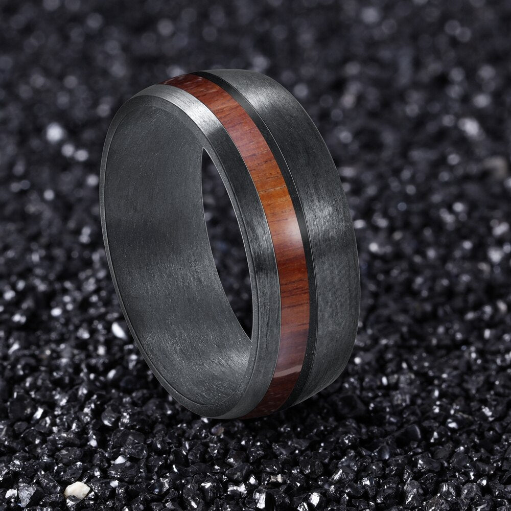 8mm Men Black Carbon Fiber Ring with Wood Inlay Comfort Fit Wedding Band-Rings-Innovato Design-Black-6-Innovato Design