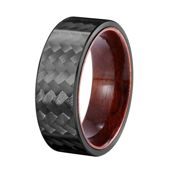 8mm Black Carbon Fiber with Rosewood Interior Comfort Fit Wedding Band-Rings-Innovato Design-6-Black-Innovato Design