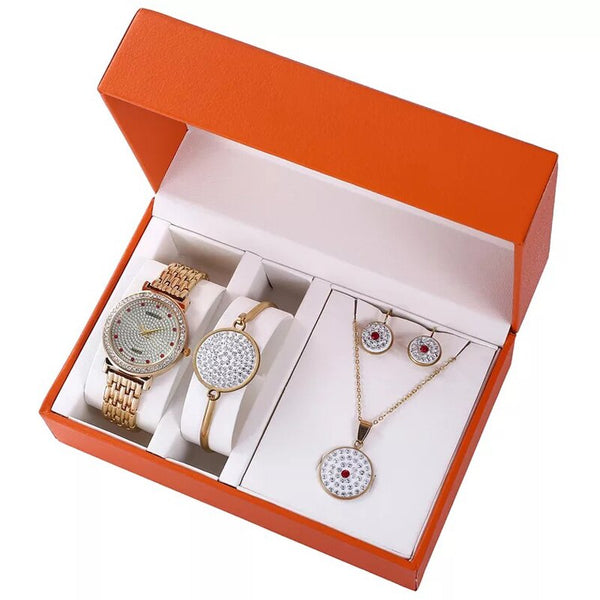 Women Large Dial Quartz Watch, Necklace, Bracelet, and Earrings Jewelry Set