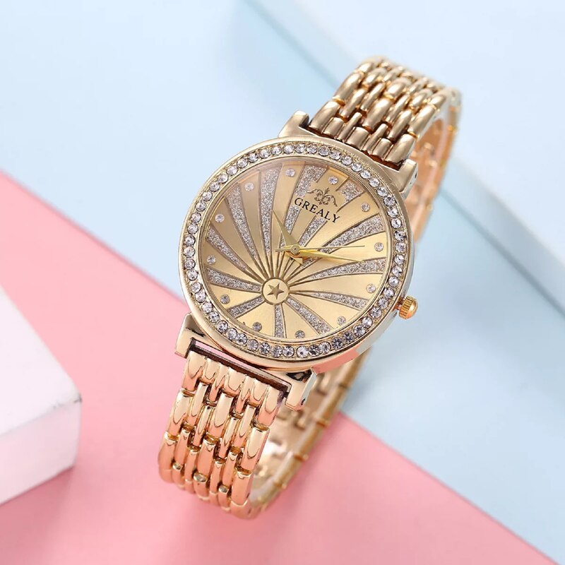 Women Gold Large Dial Quartz Watch, Necklace, Bracelet, and Earrings Jewelry Set-Jewelry Sets-Innovato Design-Innovato Design