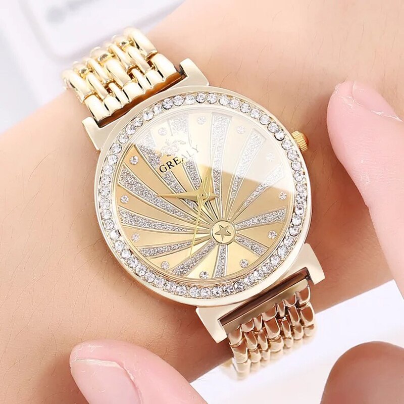 Women Gold Large Dial Quartz Watch, Necklace, Bracelet, and Earrings Jewelry Set-Jewelry Sets-Innovato Design-Innovato Design