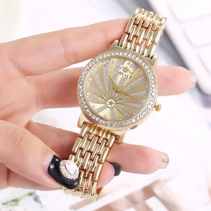 Women Gold Large Dial Quartz Watch, Necklace, Bracelet, and Earrings Jewelry Set-Jewelry Sets-Innovato Design-Innovato Design