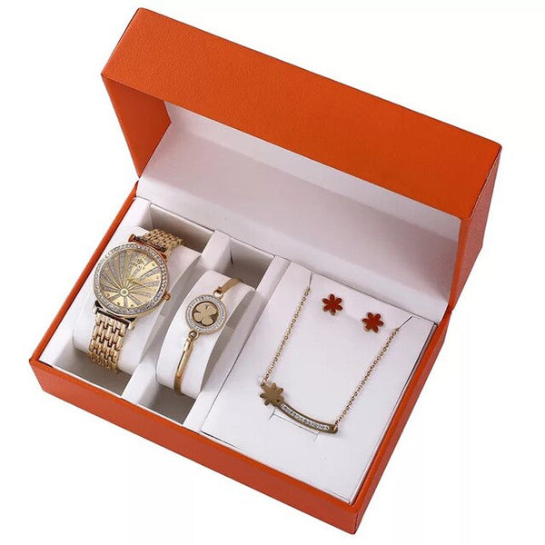 Women Gold Large Dial Quartz Watch, Necklace, Bracelet, and Earrings Jewelry Set