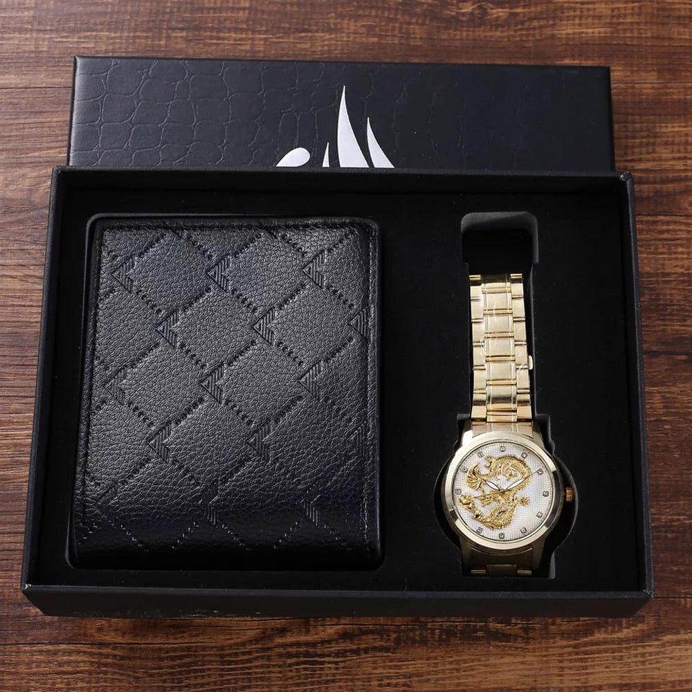 Men Quartz Watch and Black Wallet with Card Holder Gift Set-Jewelry Sets-Innovato Design-Gold Black-Innovato Design