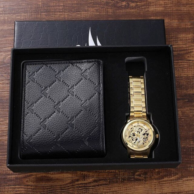 Men Quartz Watch and Black Wallet with Card Holder Gift Set-Jewelry Sets-Innovato Design-Gold Black-Innovato Design