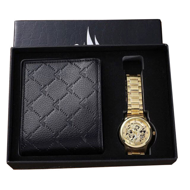 Men Quartz Watch and Black Wallet with Card Holder Gift Set-Jewelry Sets-Innovato Design-Gold Black-Innovato Design