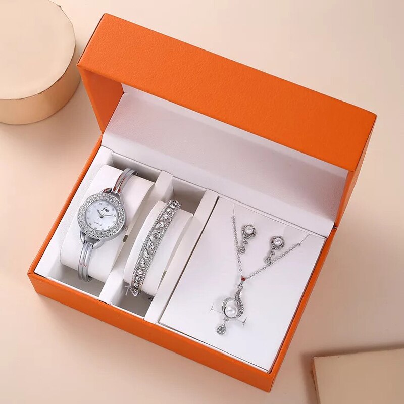 Women Quartz Watch, Bracelet, and Pearl Necklace & Earrings Silver Jewelry Set-Jewelry Sets-Innovato Design-Innovato Design