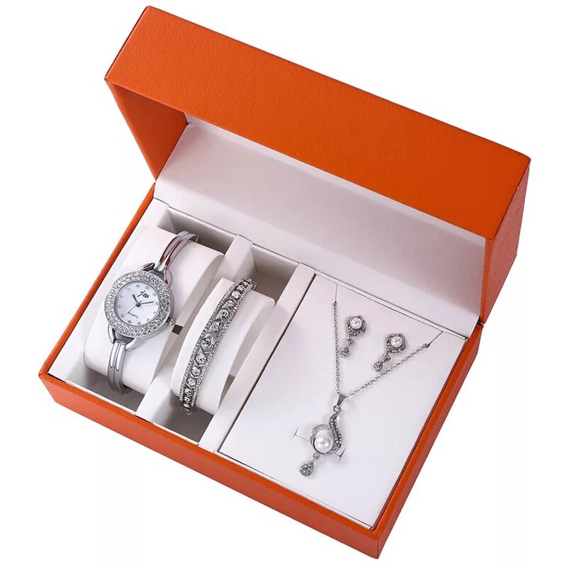 Women Quartz Watch, Bracelet, and Pearl Necklace & Earrings Silver Jewelry Set-Jewelry Sets-Innovato Design-Innovato Design
