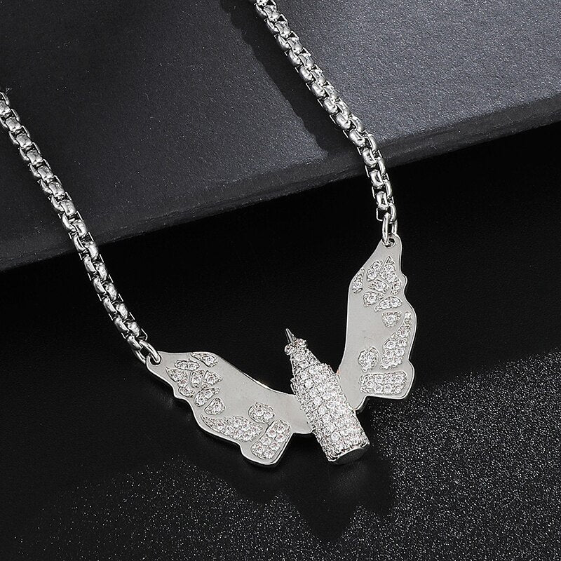 Cubic Zirconia Studded Butterfly Bullet Bling Hip-hop Pendant Necklace-Necklaces-Innovato Design-Silver-24inch-Innovato Design