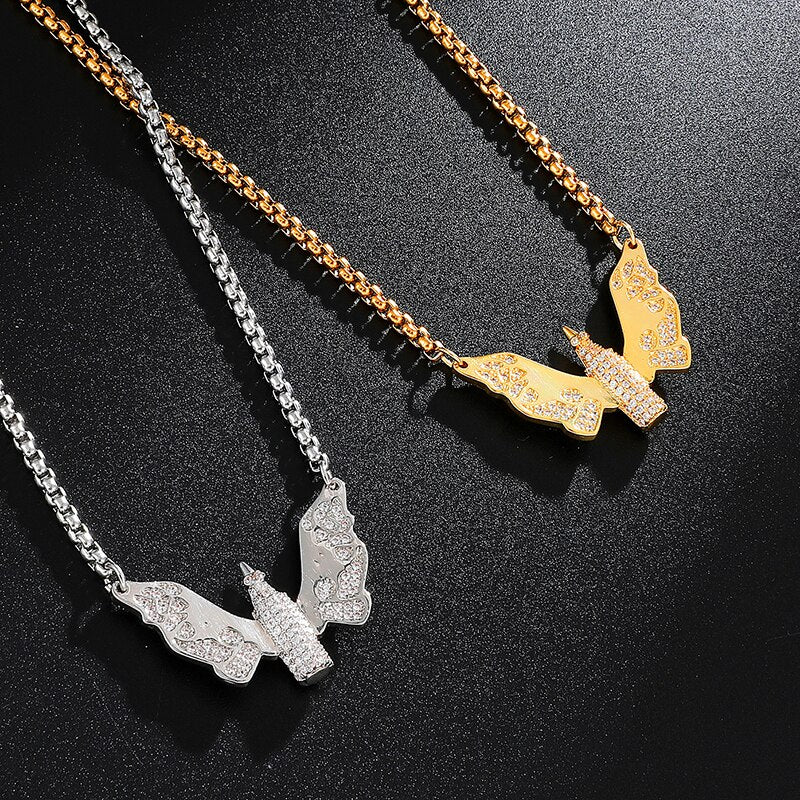 Cubic Zirconia Studded Butterfly Bullet Bling Hip-hop Pendant Necklace-Necklaces-Innovato Design-Silver-24inch-Innovato Design