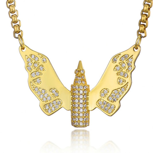 Cubic Zirconia Studded Butterfly Bullet Bling Hip-hop Pendant Necklace-Necklaces-Innovato Design-Gold-24inch-Innovato Design