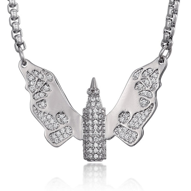 Cubic Zirconia Studded Butterfly Bullet Bling Hip-hop Pendant Necklace-Necklaces-Innovato Design-Silver-24inch-Innovato Design