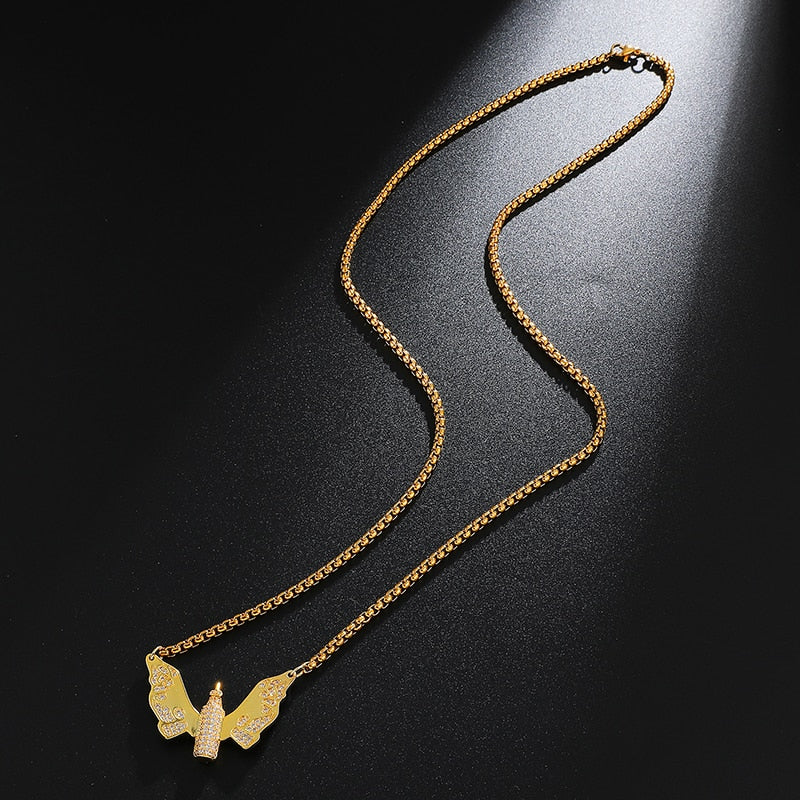 Cubic Zirconia Studded Butterfly Bullet Bling Hip-hop Pendant Necklace-Necklaces-Innovato Design-Silver-24inch-Innovato Design