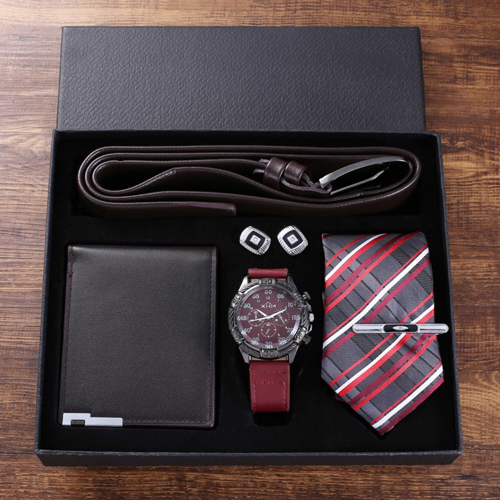 Men Quartz Watch, Leather Belt, Wallet, Cufflinks, and Tie Clip Gift Box Set-Jewelry Sets-Innovato Design-Black-Innovato Design