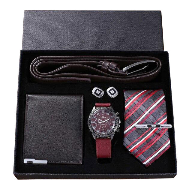 Men Quartz Watch, Leather Belt, Wallet, Cufflinks, and Tie Clip Gift Box Set-Jewelry Sets-Innovato Design-Red-Innovato Design