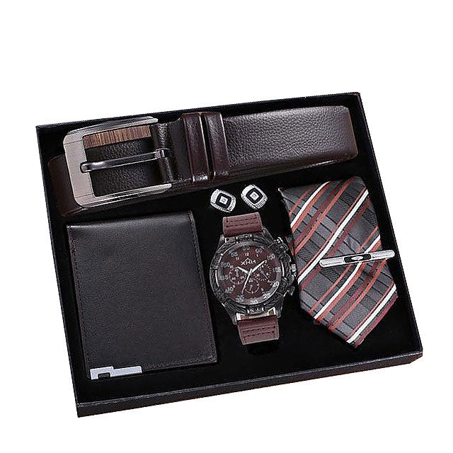 Men Quartz Watch, Leather Belt, Wallet, Cufflinks, and Tie Clip Gift Box Set-Jewelry Sets-Innovato Design-Coffee-Innovato Design
