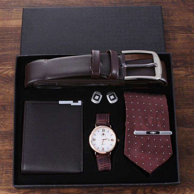 Men Quartz Watch, Leather Belt, Wallet, Cufflinks, and Tie Clip Gift Box Set-Jewelry Sets-Innovato Design-Black-Innovato Design