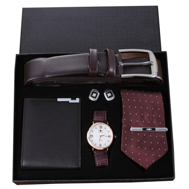 Men Quartz Watch, Leather Belt, Wallet, Cufflinks, and Tie Clip Gift Box Set-Jewelry Sets-Innovato Design-Brown-Innovato Design