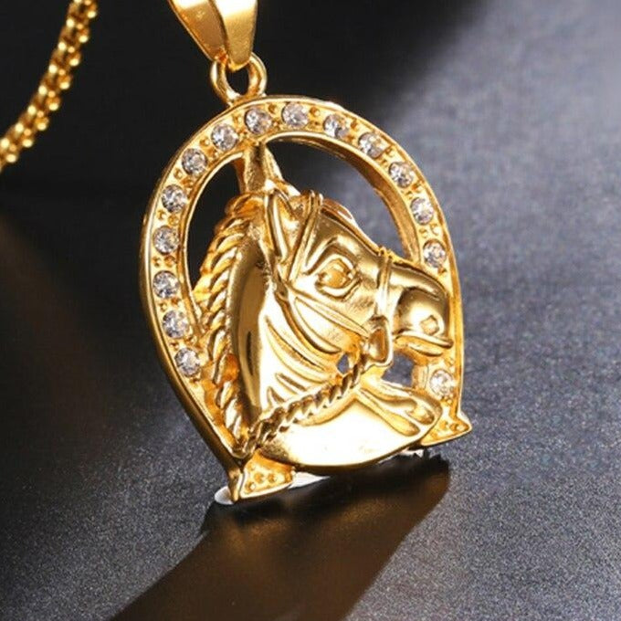 Rhinestone-Studded Gold-Plated Ranch Horse Bling 316L Stainless Steel Hip-hop Pendant Necklace-Necklaces-Innovato Design-Innovato Design