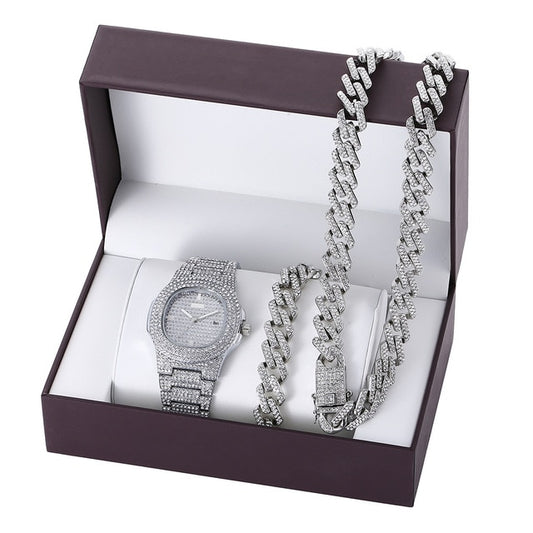Diamond-Studded Necklace, Bracelet, and Quartz Watch Fashion Hip-hop Jewelry Set