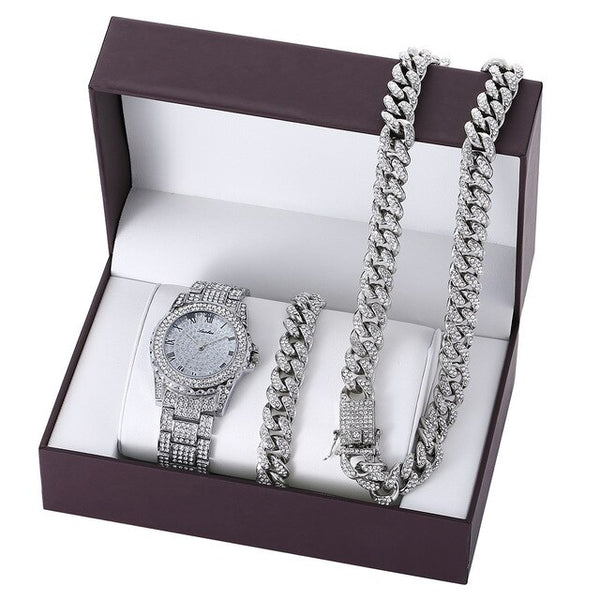 Diamond-Studded Necklace, Bracelet, and Quartz Watch Fashion Hip-hop Jewelry Set-Watches-Innovato Design-Silver-Innovato Design