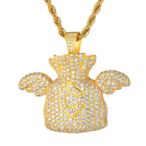 Cubic Zirconia Studded Dollar Cent Money Bag with Angel Wings Bling Hip-hop Pendant Necklace-Necklaces-Innovato Design-Innovato Design