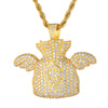 Cubic Zirconia Studded Dollar Cent Money Bag with Angel Wings Bling Hip-hop Pendant Necklace