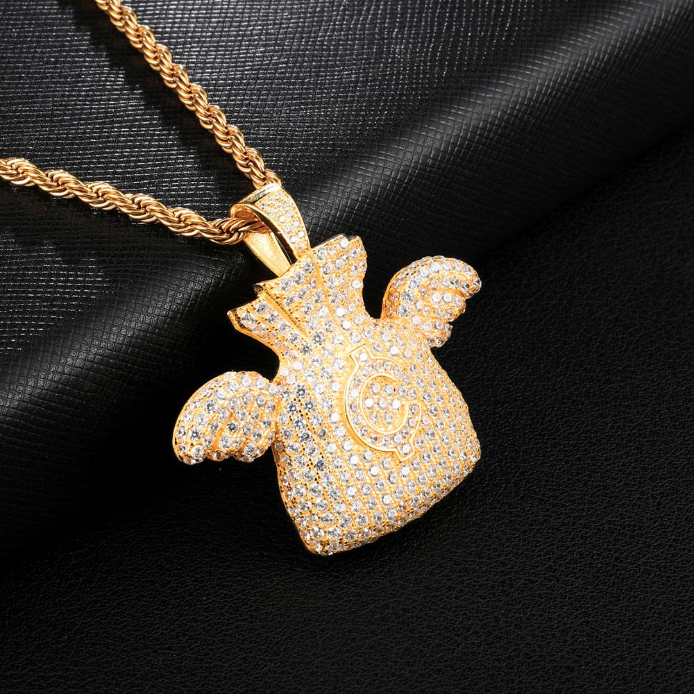 Cubic Zirconia Studded Dollar Cent Money Bag with Angel Wings Bling Hip-hop Pendant Necklace-Necklaces-Innovato Design-Innovato Design
