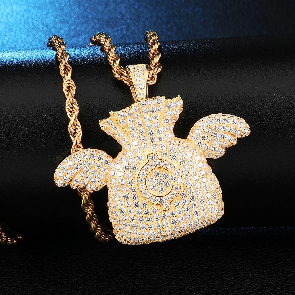 Cubic Zirconia Studded Dollar Cent Money Bag with Angel Wings Bling Hip-hop Pendant Necklace-Necklaces-Innovato Design-Innovato Design